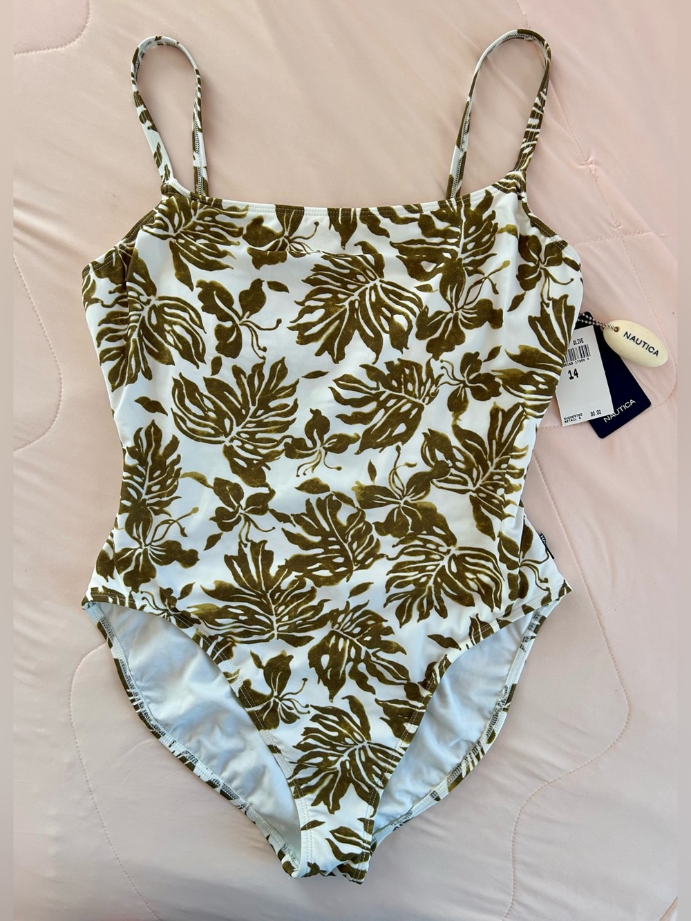 Nautica Olive Leaf Print Girls' One-Piece Swimsuit with White Base
